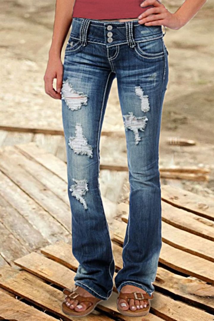 MIDIROS Vintage Low Waist Ripped Button Up Jeans-Umairmen