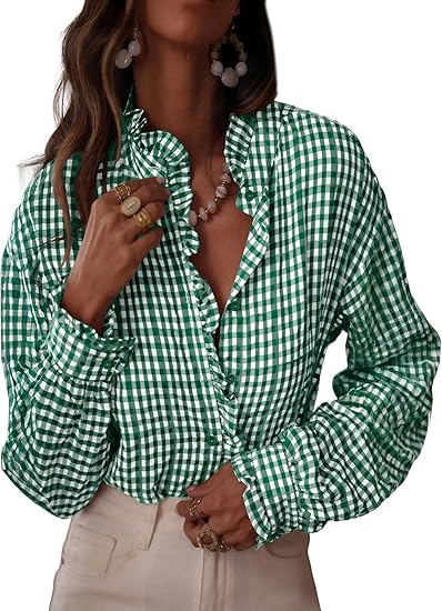 Fashionable women's plaid ruffled V-neck button-down shirt（BUY 2 FREE SHIPPING)