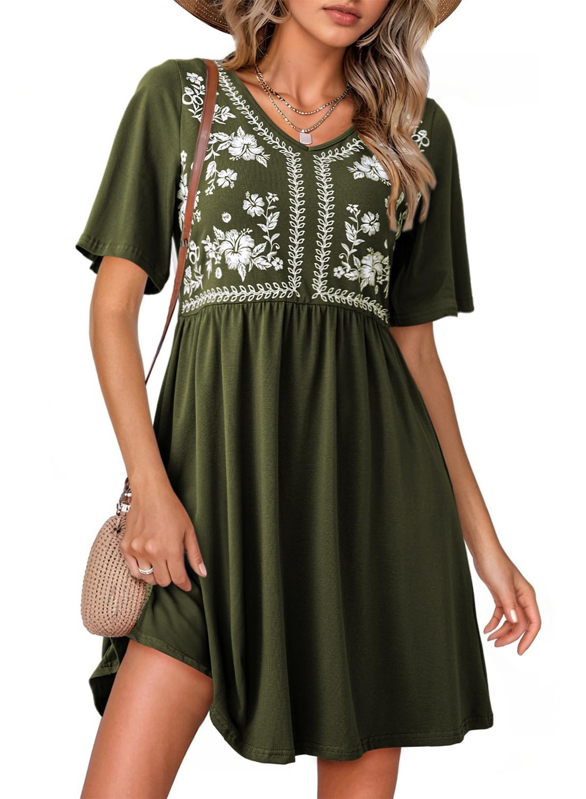 Womens Dresses Casual V Neck Boho Floral Short Sleeve Babydoll Mini Dress