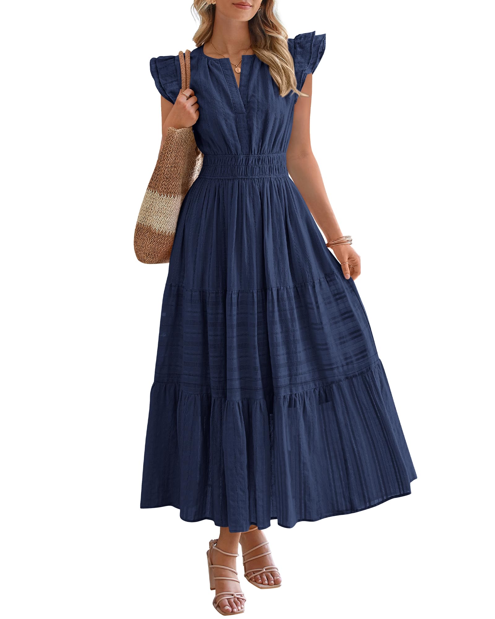 Dresses for Women Spring 2026 Maxi Casual Dress Flutter Short Sleeve V Neck