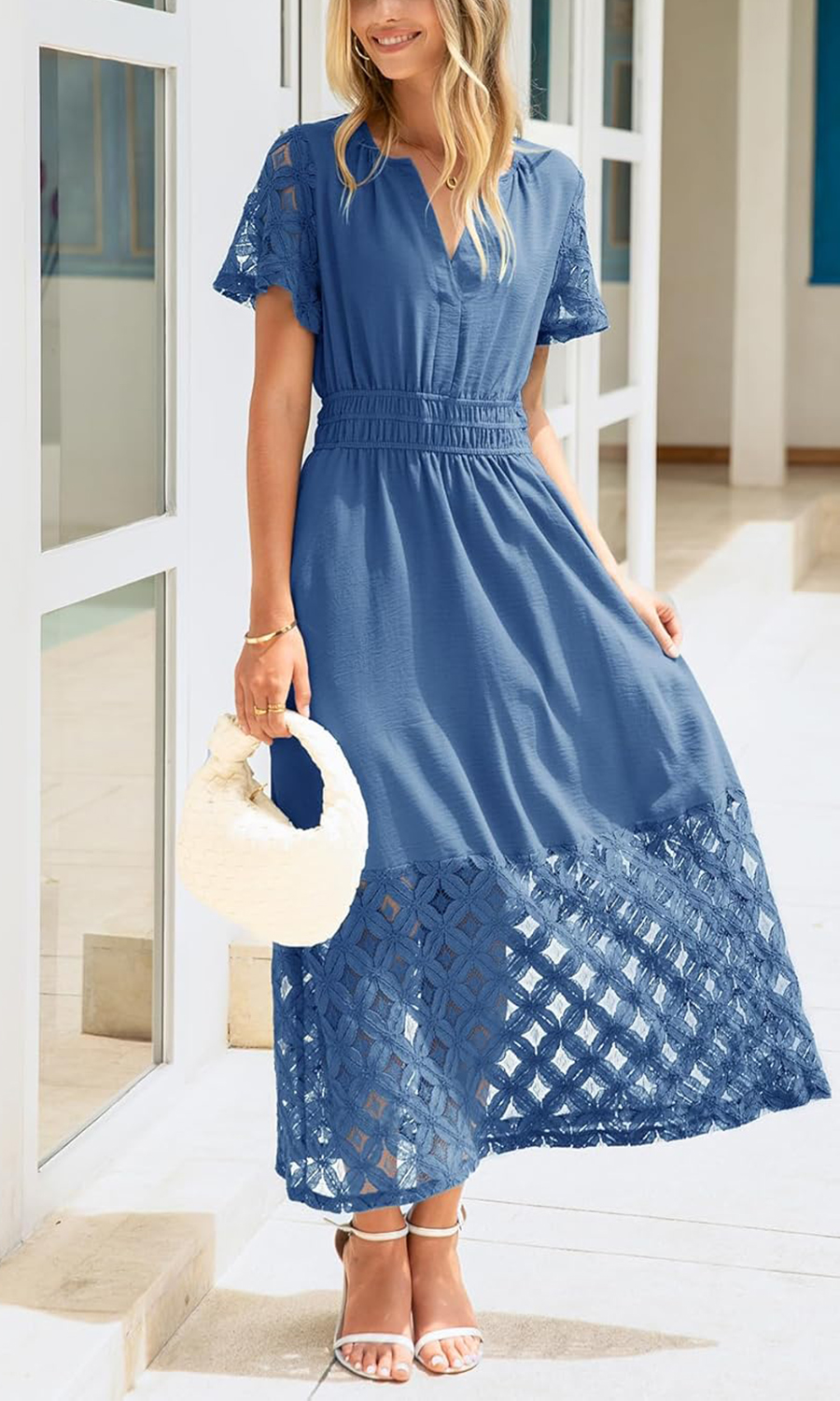 Women's V-neck High-Waisted Long Flowing Lace Bohemian Dress With Pockets(BUY 2 FREE SHIPPING)
