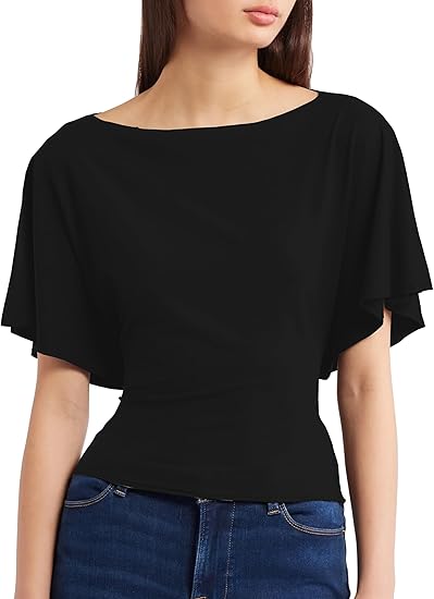 Women's Summer High-Elastic Cropped Round Neck Batwing Sleeve Back Tie T-Shirt（BUY3 FREE SHIPPING)