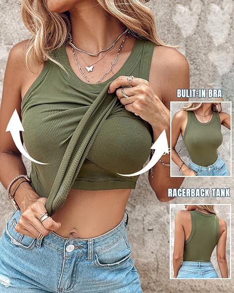 Women's sleeveless casual backless ribbed slim-fit vest with built-in bra（BUY 3 FREE SHIPPING)