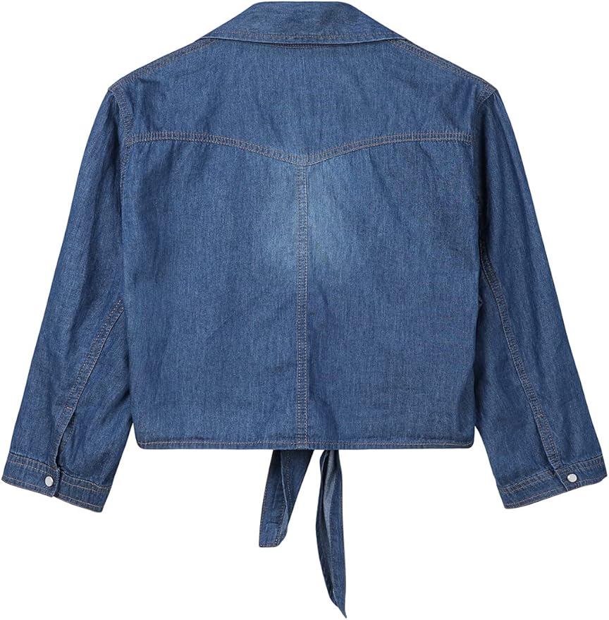 Women's Roll Up 3/4 Sleeve Tie Front Knot Shirt Chambray Denim Crop Top