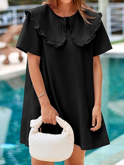 Loose Peter Pan collar short-sleeved casual denim babydoll dress（BUY 2 FREE SHIPPING)