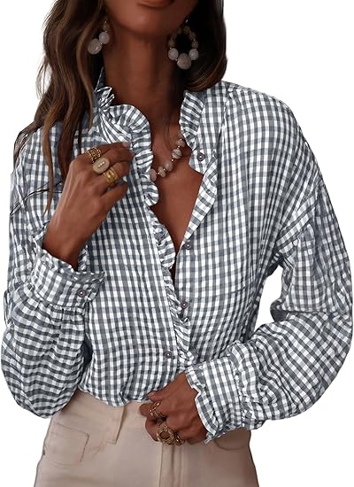Fashionable women's plaid ruffled V-neck button-down shirt（BUY 2 FREE SHIPPING)