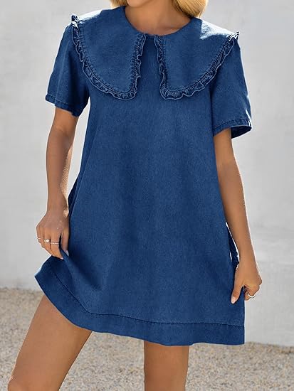 Loose Peter Pan collar short-sleeved casual denim babydoll dress（BUY 2 FREE SHIPPING)