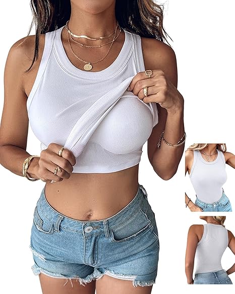Women's sleeveless casual backless ribbed slim-fit vest with built-in bra（BUY 3 FREE SHIPPING)