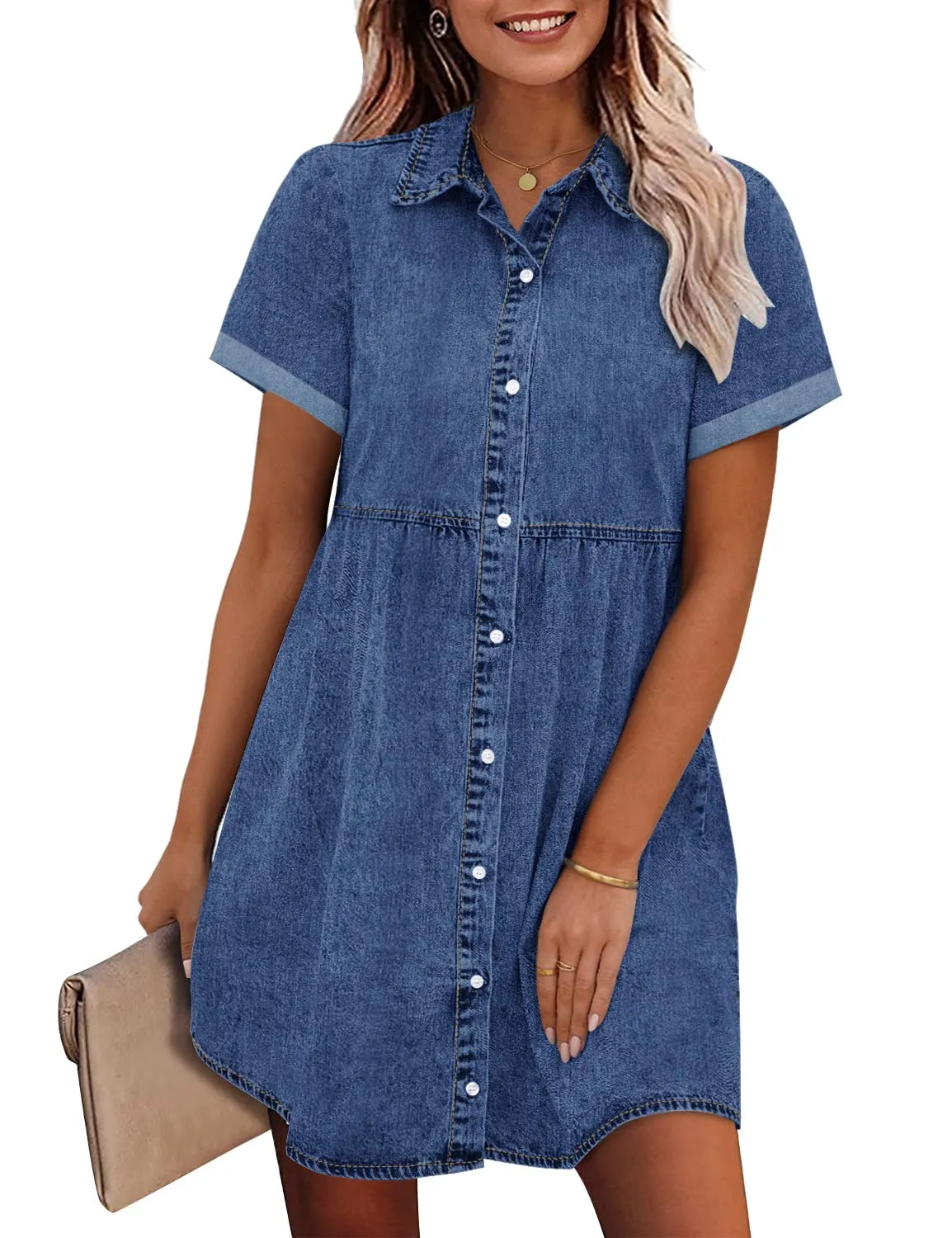 🔥🔥🔥🔥Women's Short Sleeve Button Down Flowy Tiered Babydoll Denim Dress（Buy 2 Free Shipping）