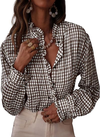 Fashionable women's plaid ruffled V-neck button-down shirt（BUY 2 FREE SHIPPING)