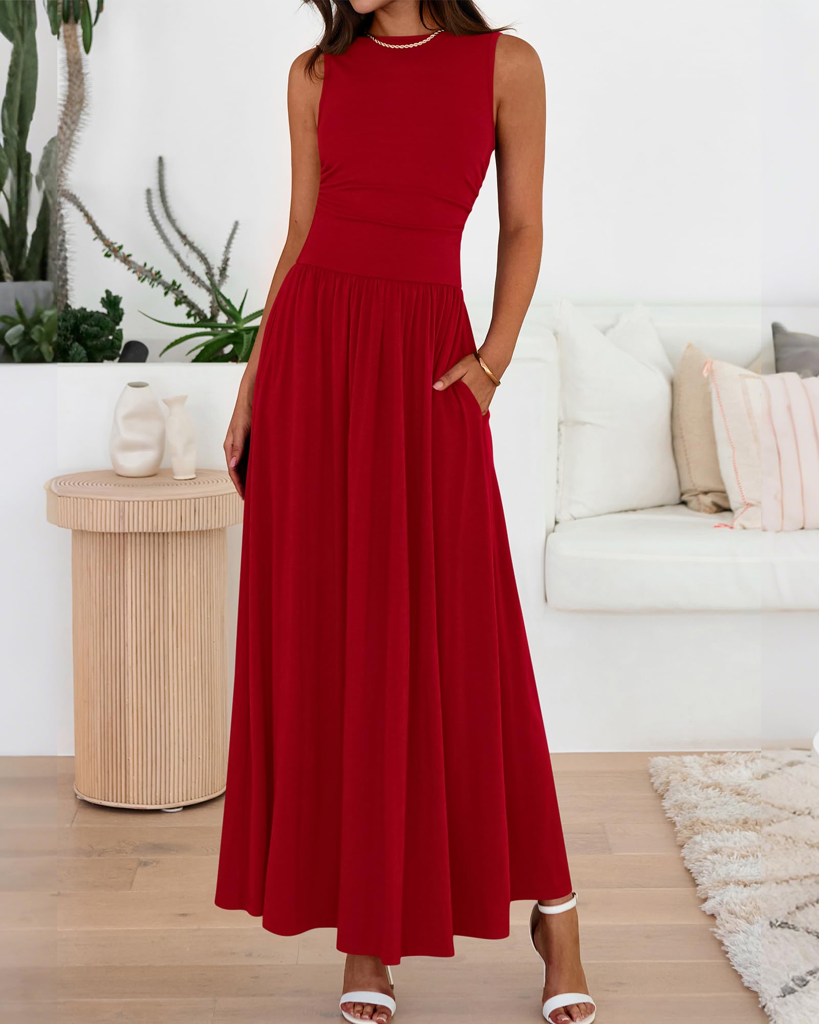 Women's Solid Color Sleeveless Waist Pleated Design Dress with Pockets