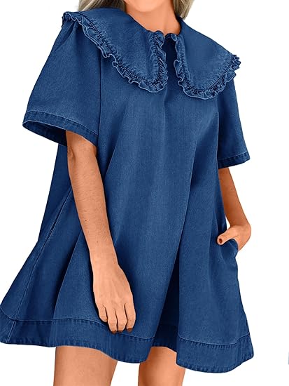 Loose Peter Pan collar short-sleeved casual denim babydoll dress（BUY 2 FREE SHIPPING)