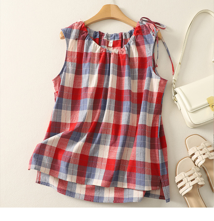 Plaid Cozy Round Neck Drawstring Sleeveless Shirt