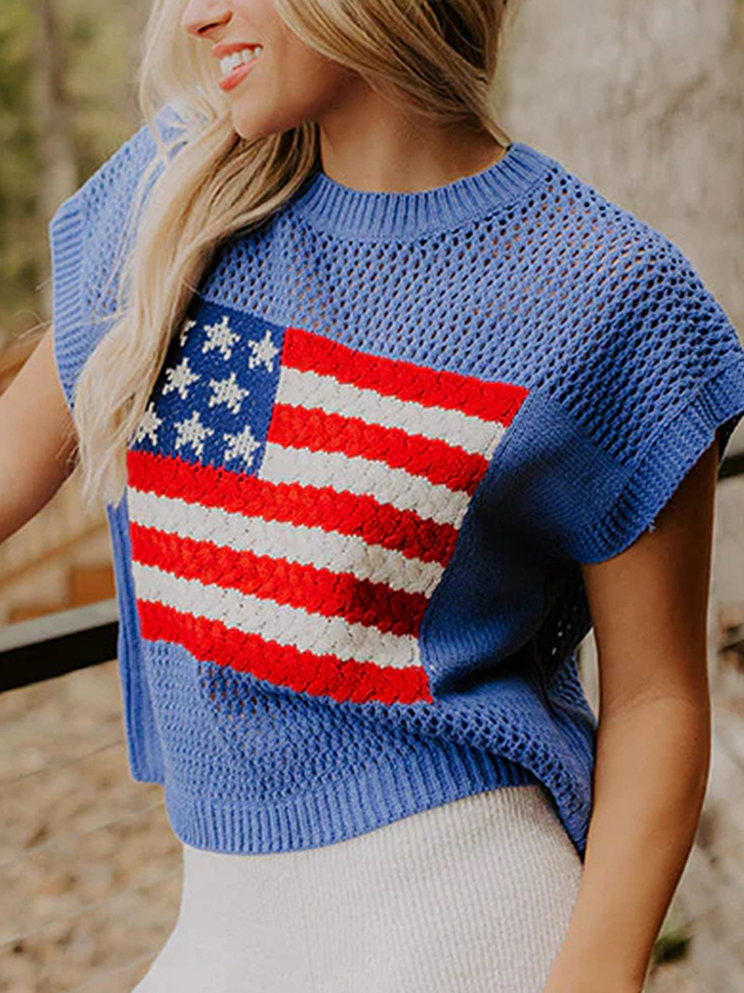 Women's American Flag Print Openwork Knit Sleeveless Sweater