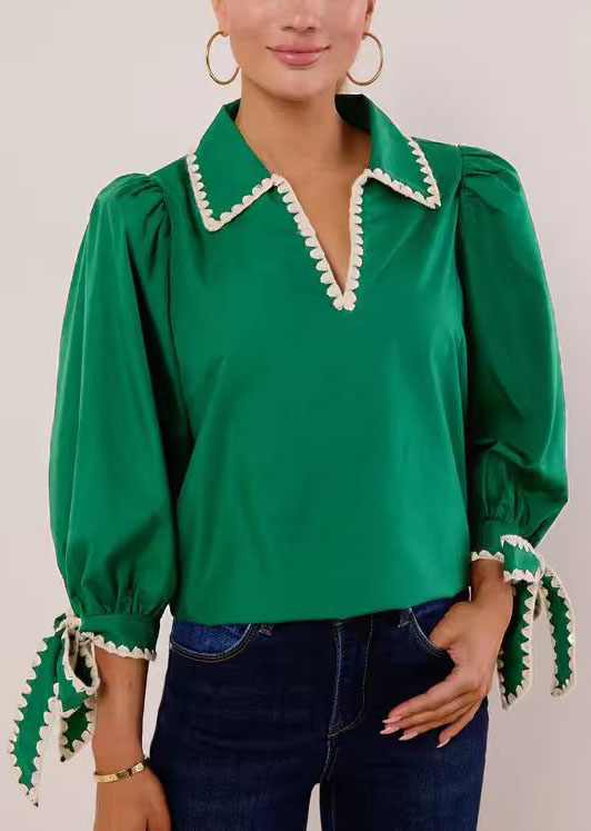 Shell Stitch Trim Hit Color Modern V Neck Blouse(BUY2 FREE SHIPPING)