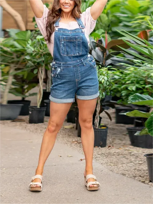 WOMEN'S DENIM OVERALL HIGH RISE SHORTS
