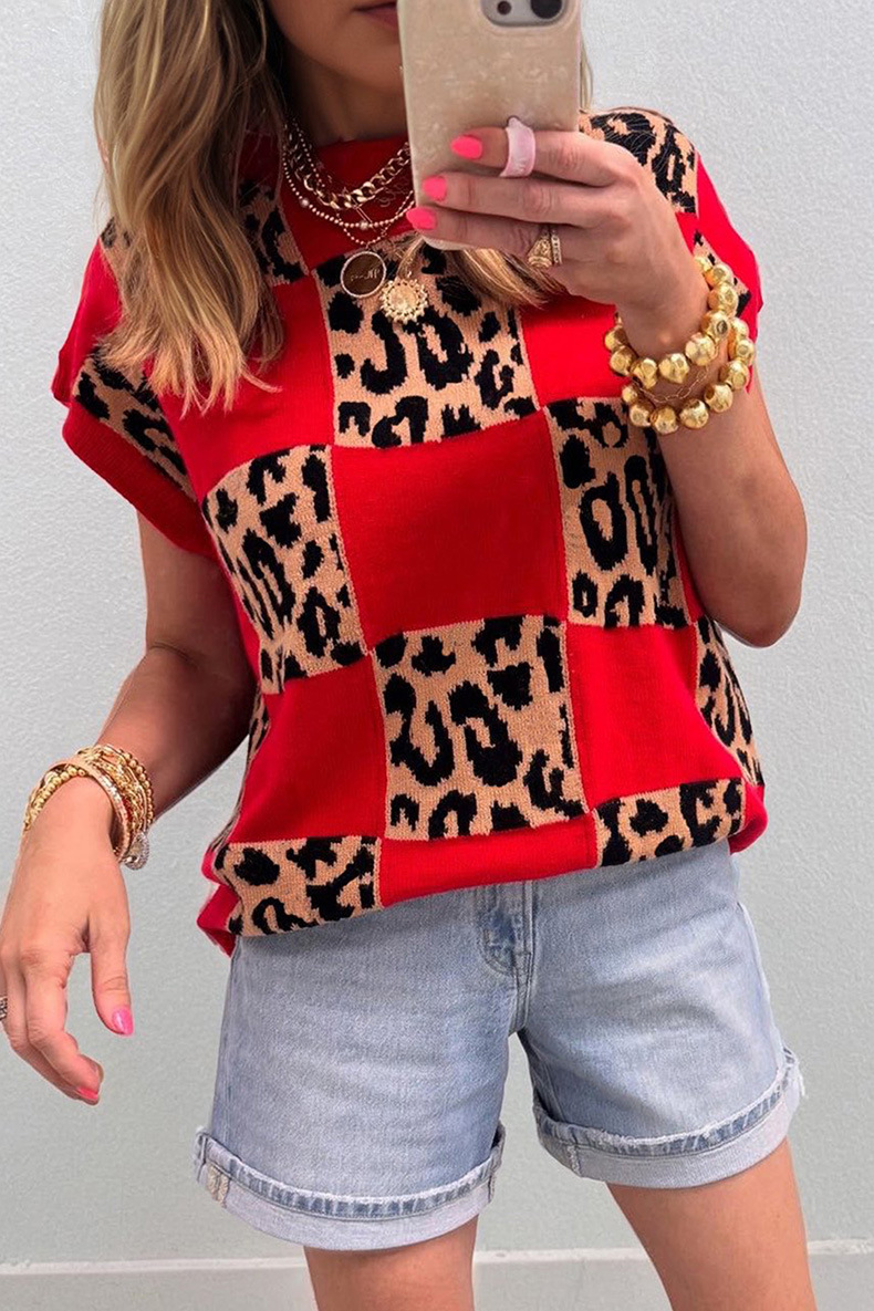 Women's Leopard Print Checkerboard Short-Sleeve Knit Top