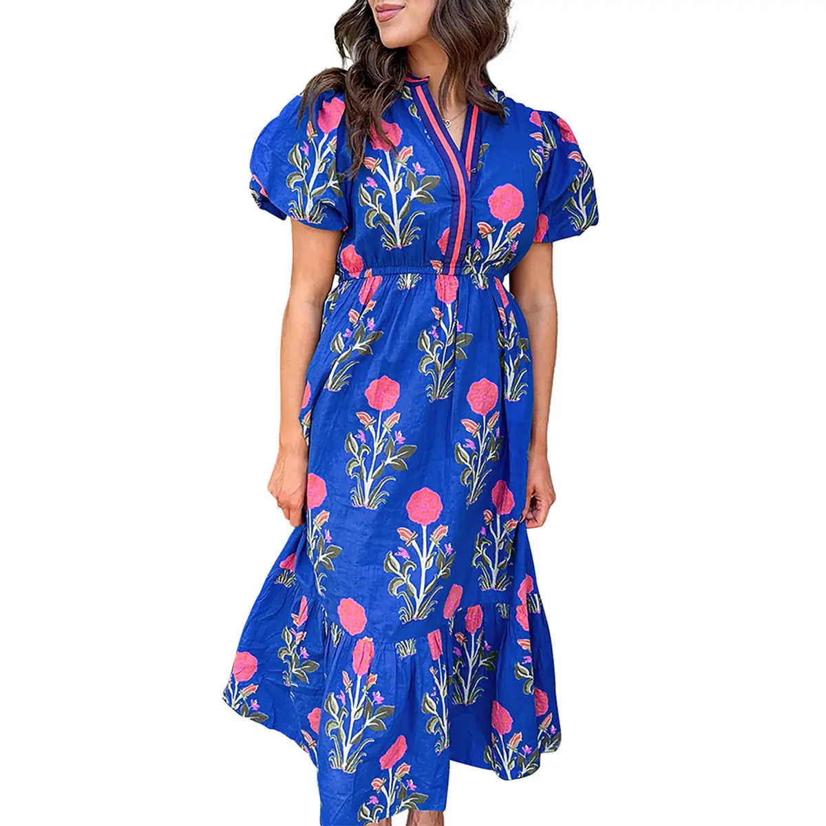 Womens Dresses Floral Puff Short Sleeve V Neck High Waist Maxi Dress with Pockets（Buy 2 Free Shipping）