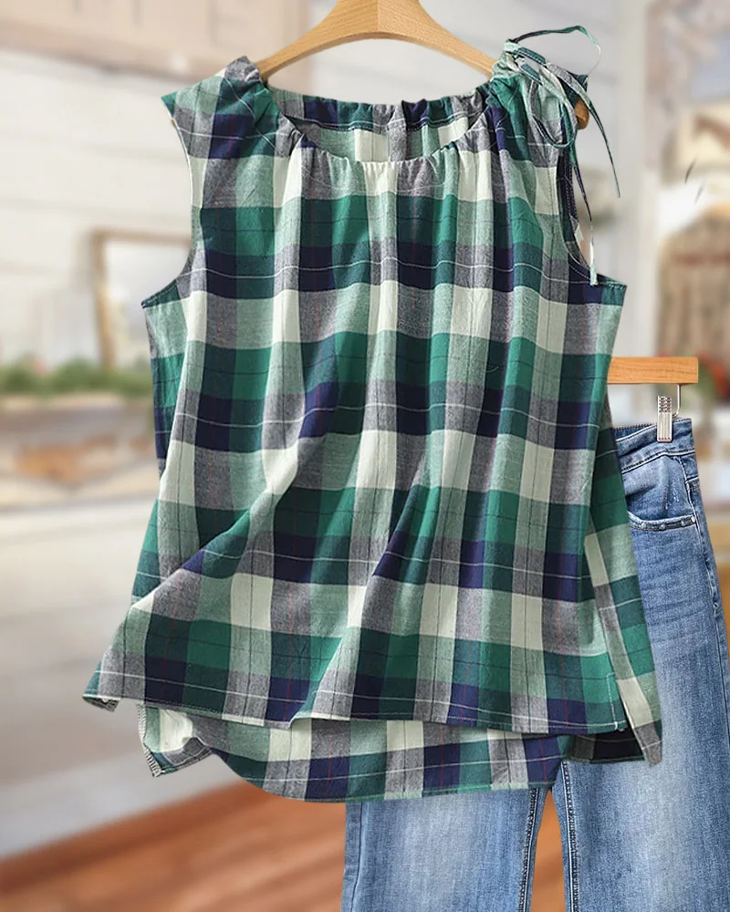 Plaid Cozy Round Neck Drawstring Sleeveless Shirt