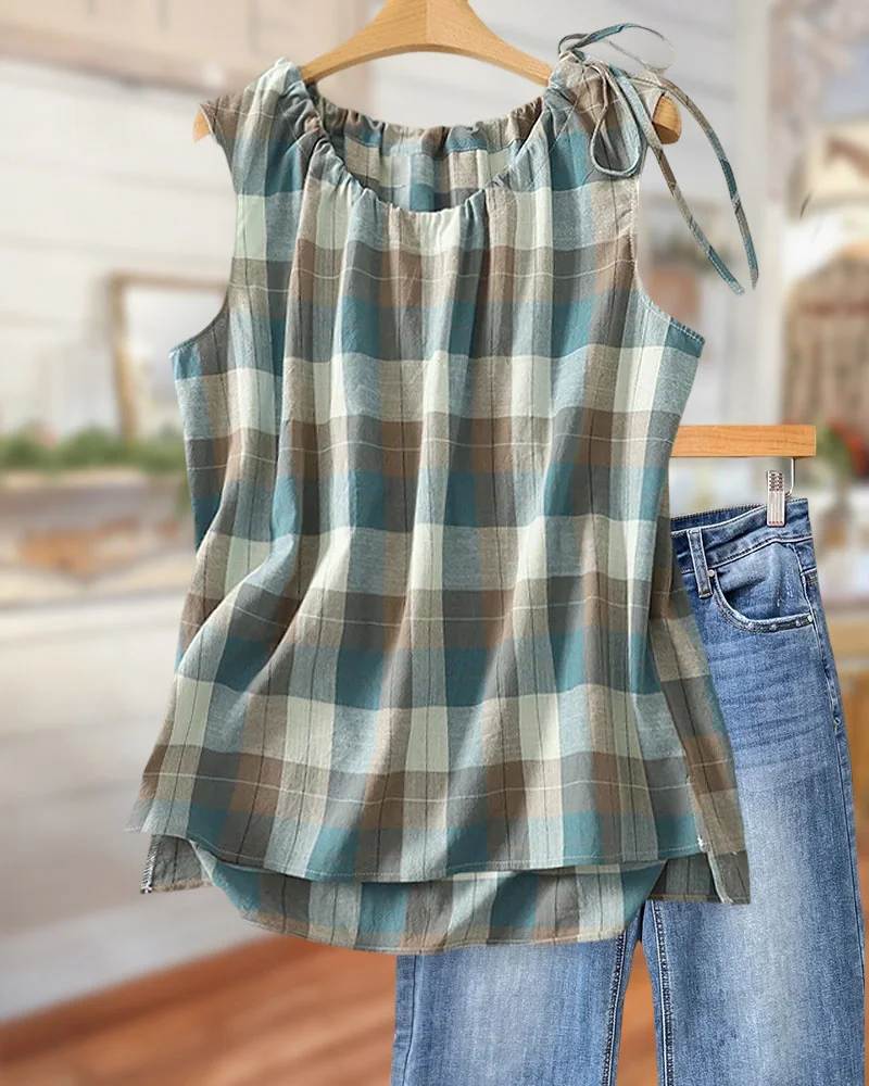 Plaid Cozy Round Neck Drawstring Sleeveless Shirt