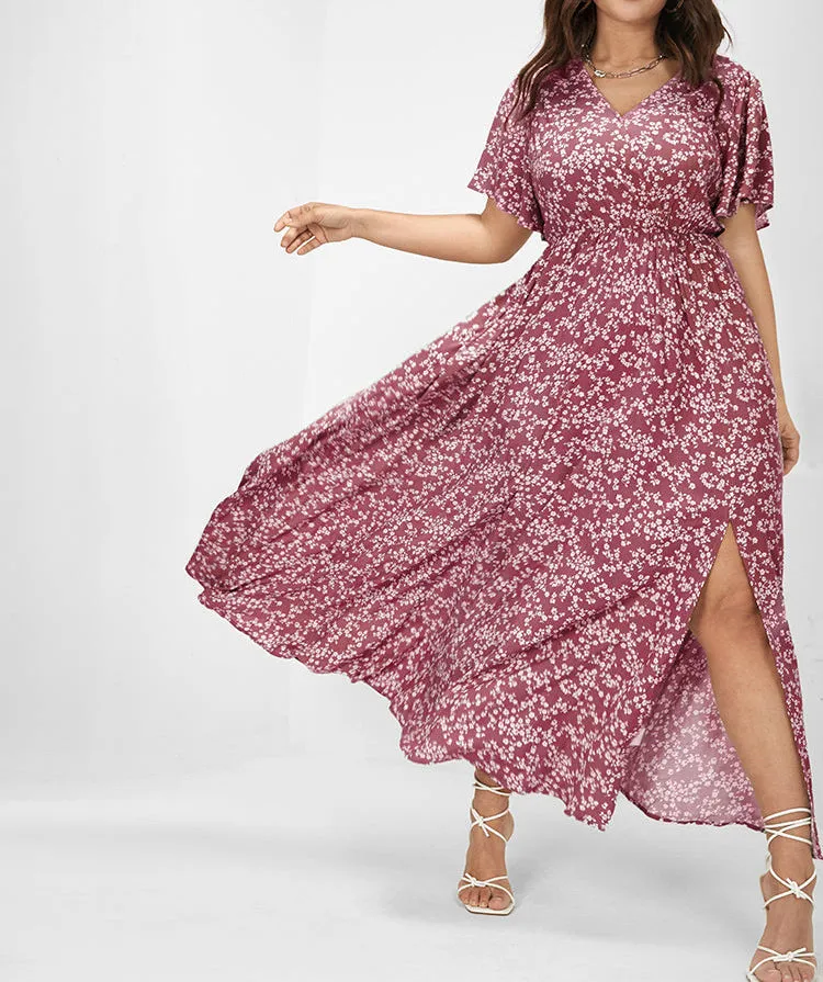 FLUTTER SLEEVE DITSY FLORAL SPLIT MAXI DRESS