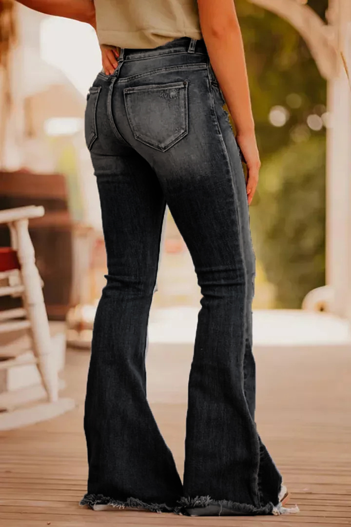 Midiross Stone Wash Ripped Knee Raw Hem Flare Jeans