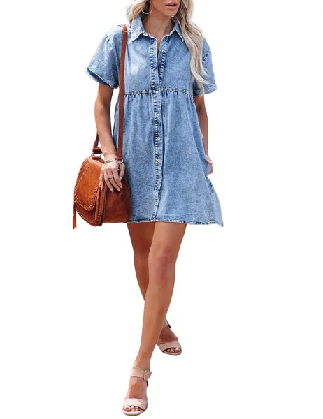 🔥🔥🔥🔥Women's Short Sleeve Button Down Flowy Tiered Babydoll Denim Dress（Buy 2 Free Shipping）