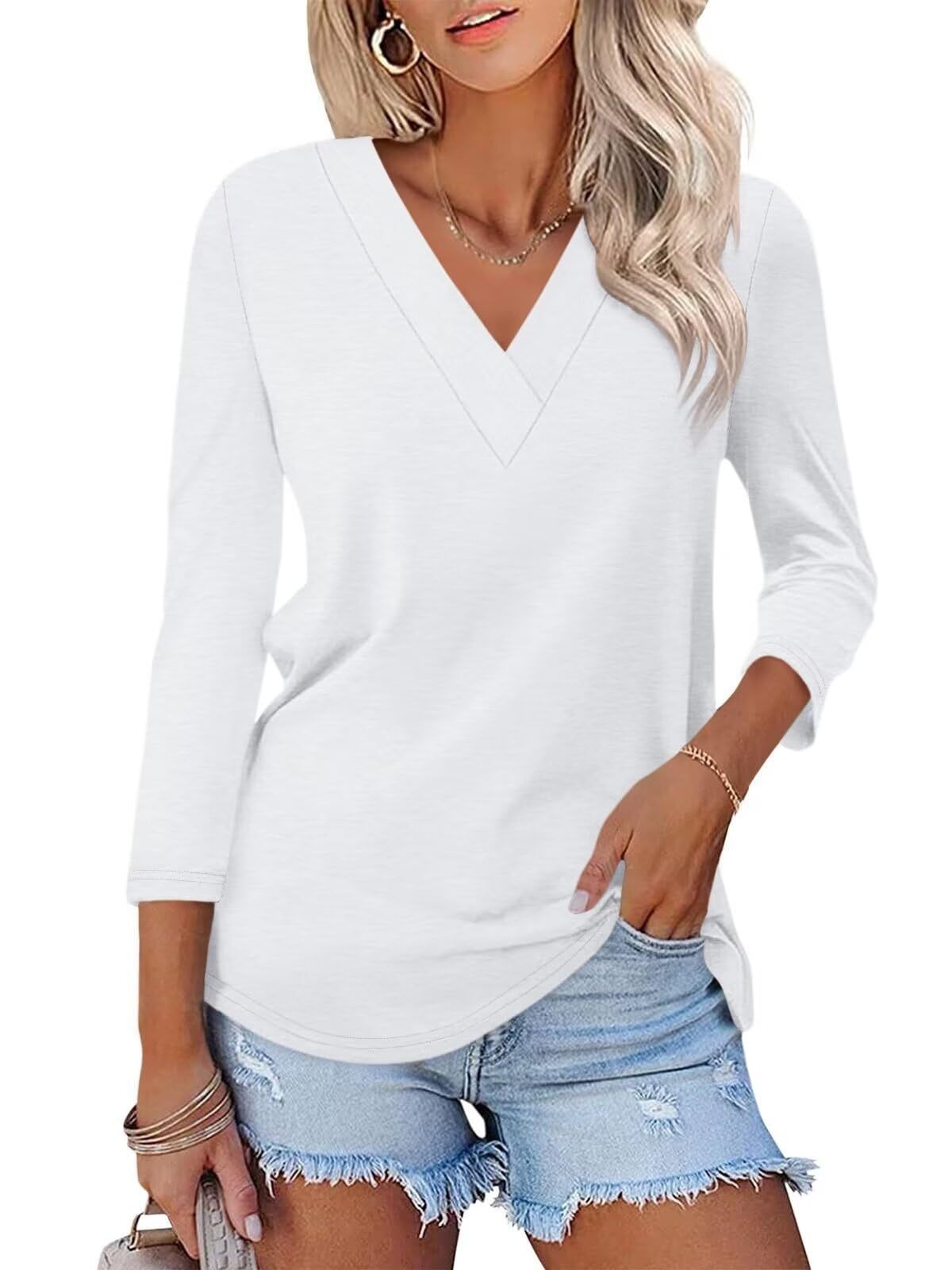 🔥Hot Sale🔥Women's 3/4 Length Sleeves V Neck Shirts Basic Tees(BUY 3 FREE SHIPPING)
