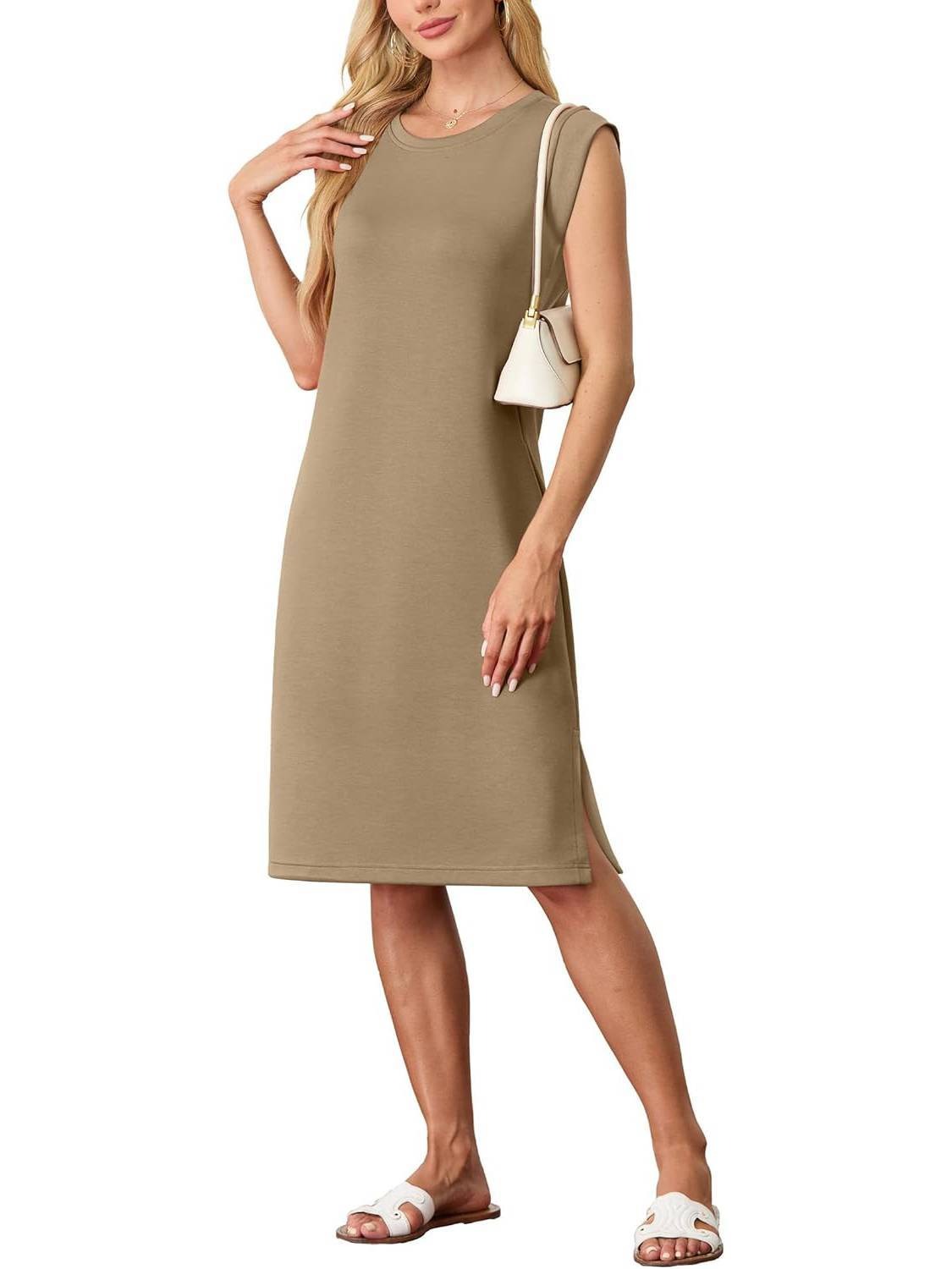🔥Hot Sale🔥Women Round Neck Loose Split Wrinkle-Free Midi Dress with Pockets(Buy 2 Free Shipping)