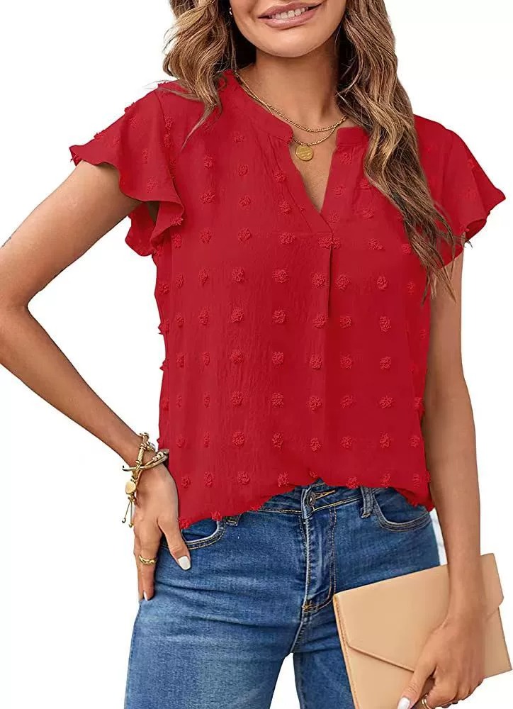 🔥HOT SALE🔥Womens White Blouse V Neck Ruffle Sleeve Flowy Shirts Dressy Casual Cute Summer Tops(BUY 3 GET FREE SHIPPING)