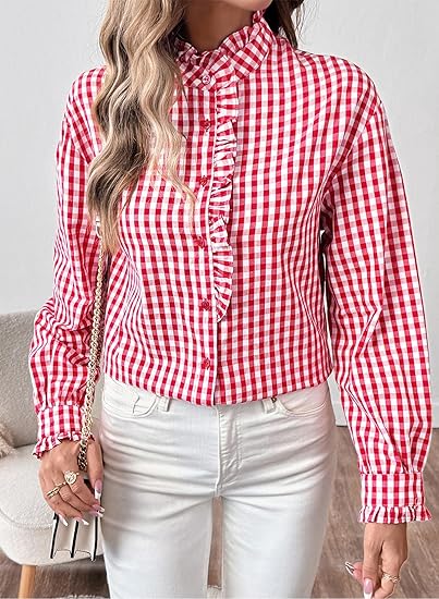 Fashionable women's plaid ruffled V-neck button-down shirt（BUY 2 FREE SHIPPING)