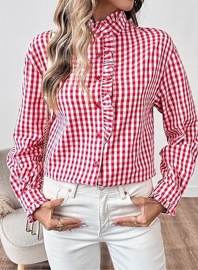 Fashionable women's plaid ruffled V-neck button-down shirt（BUY 2 FREE SHIPPING)