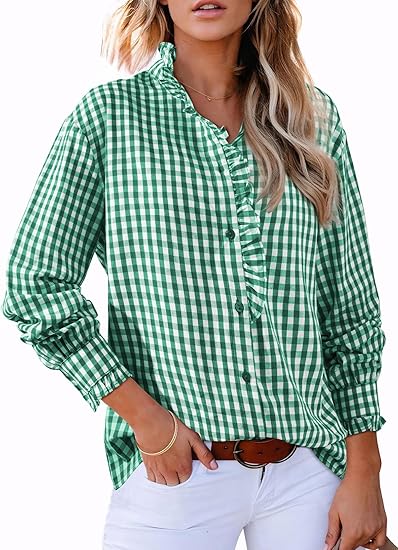 Fashionable women's plaid ruffled V-neck button-down shirt（BUY 2 FREE SHIPPING)