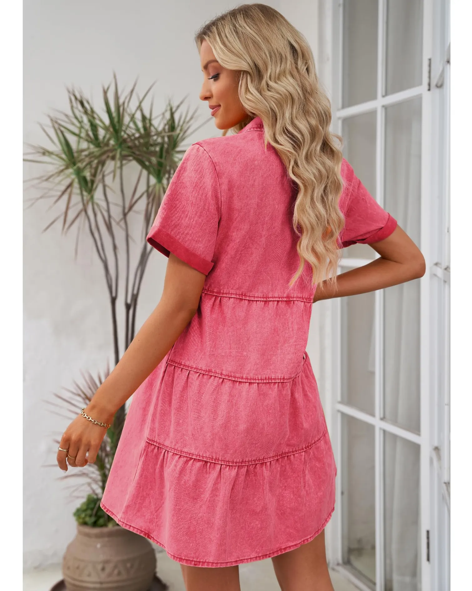 🔥🔥🔥🔥Women's Short Sleeve Button Down Flowy Tiered Babydoll Denim Dress（Buy 2 Free Shipping）