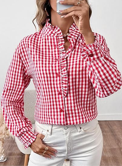 Fashionable women's plaid ruffled V-neck button-down shirt（BUY 2 FREE SHIPPING)