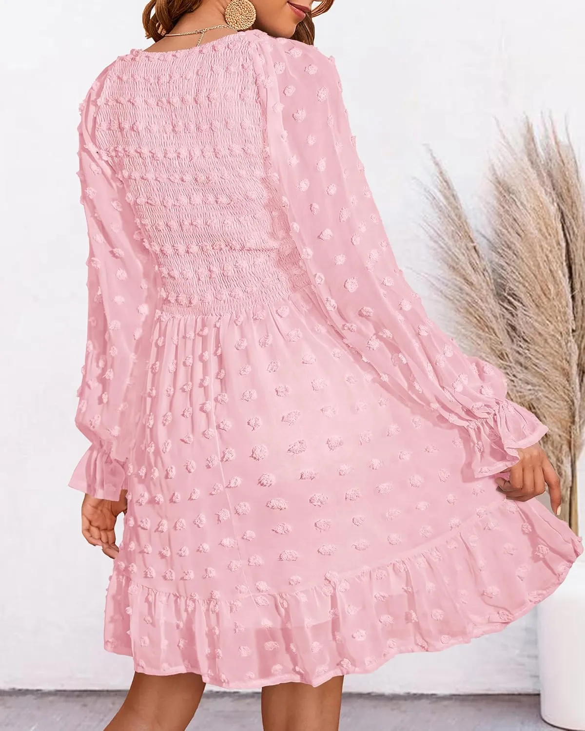 🔥🔥🔥🔥Women's V Neck Casual Smocked Swiss Dot Swing Ruffle Mini Dress