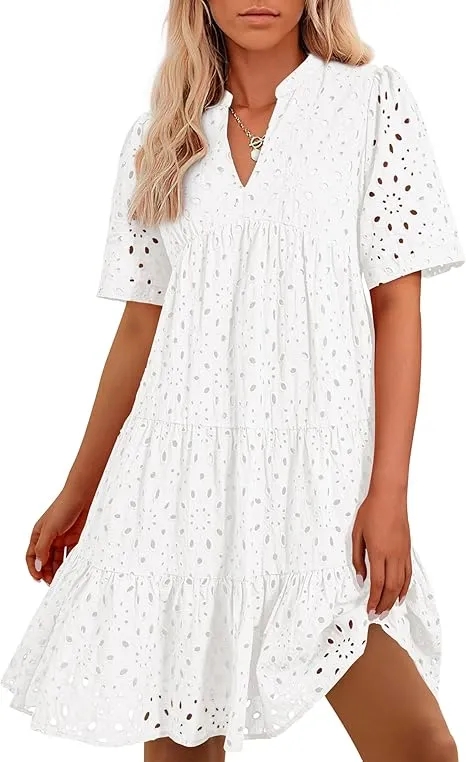 💝💝NEW WOMEN'S V NECK SHORT SLEEVE HOLLOW OUT MINI VACATION DRESS (BUY 2 FREE SHIPPING)