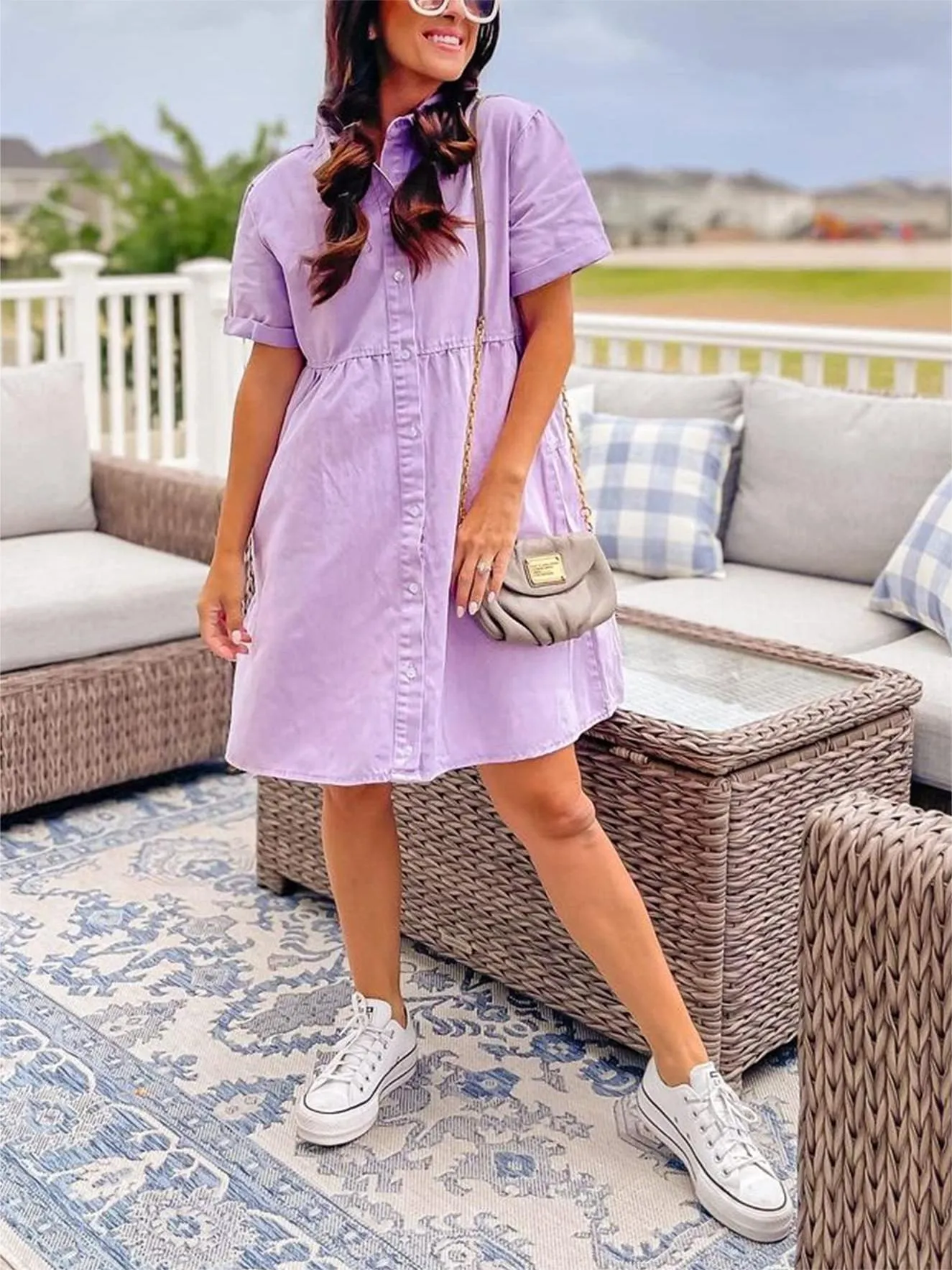 🔥🔥🔥🔥Women's Short Sleeve Button Down Flowy Tiered Babydoll Denim Dress（Buy 2 Free Shipping）