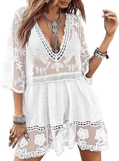 Women's V-neck lace embroidered sun protection bikini swimsuit beach cover-up（BUY 2 FREE SHIPPING)