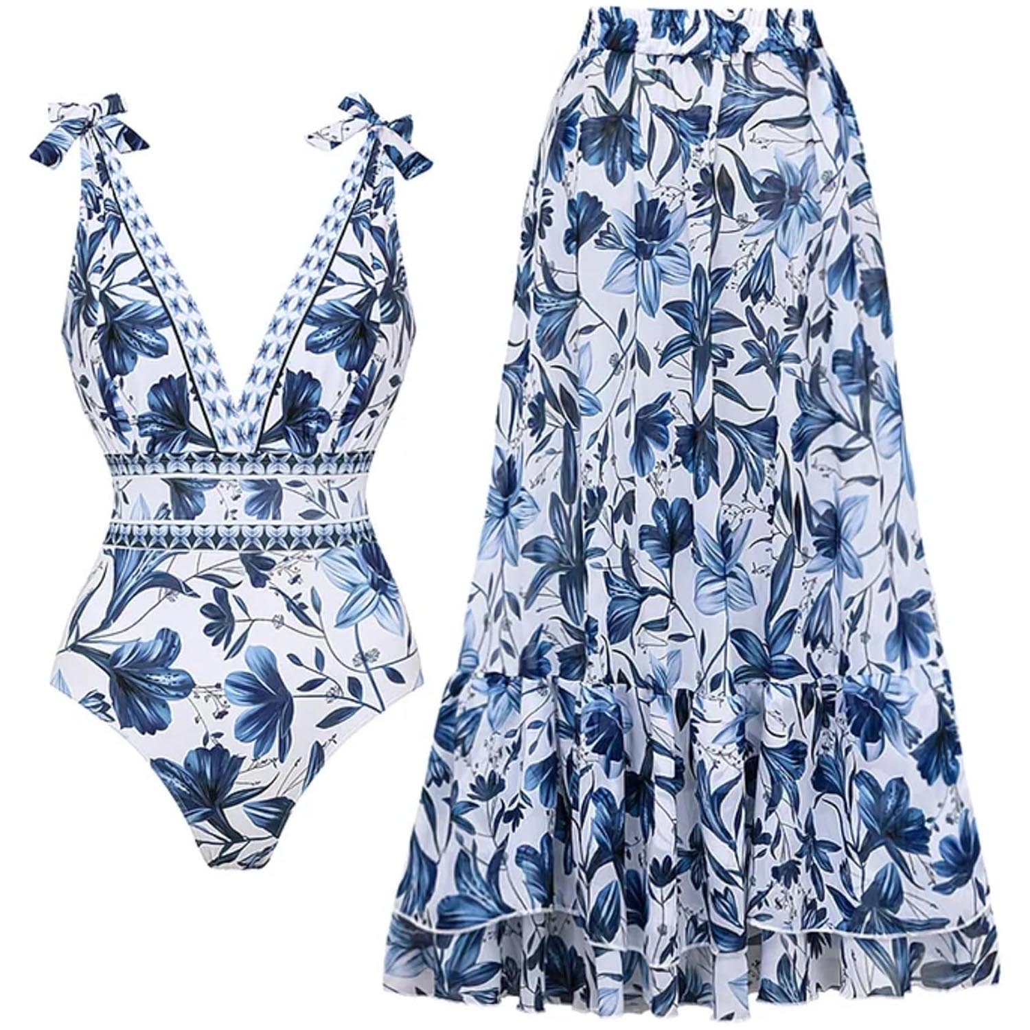 ✨Women Adjustable Shoulder Strip Plant Prints One Piece Swimsuit and Skirt/Sarong(BUY 2 FREE SHIPPING)