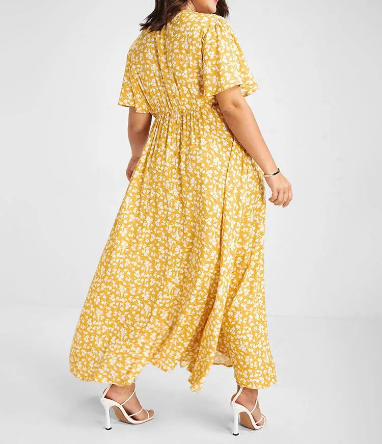 FLUTTER SLEEVE DITSY FLORAL SPLIT MAXI DRESS