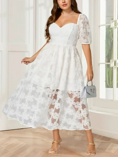 Women's Floral Embroidered Sweetheart Neck Midi Dress