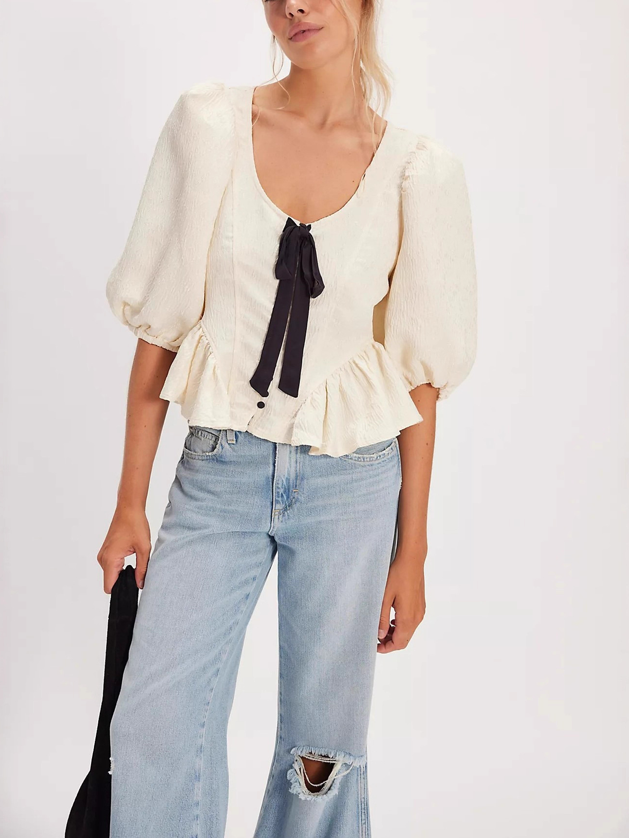 Women's Contrast Bow Puff Sleeve Peplum Blouse