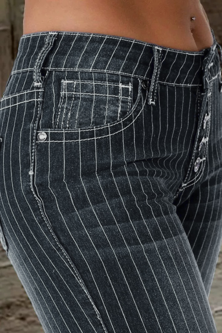 🔥🔥🔥🔥Striped Button Fly Raw Hem Flare Jeans