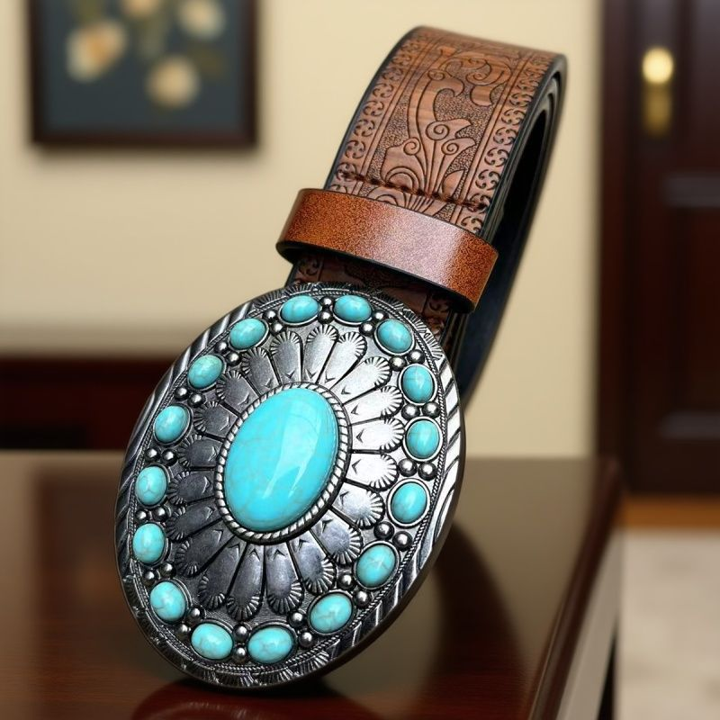 Western Turquoise Buckle Faux Leather Belt