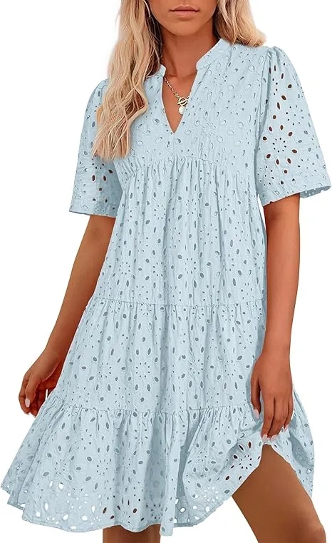 💝💝NEW WOMEN'S V NECK SHORT SLEEVE HOLLOW OUT MINI VACATION DRESS (BUY 2 FREE SHIPPING)