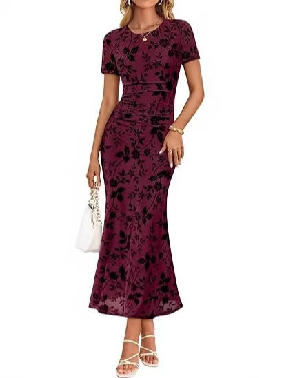 Women's Floral Mesh Short Sleeve Maxi Dress