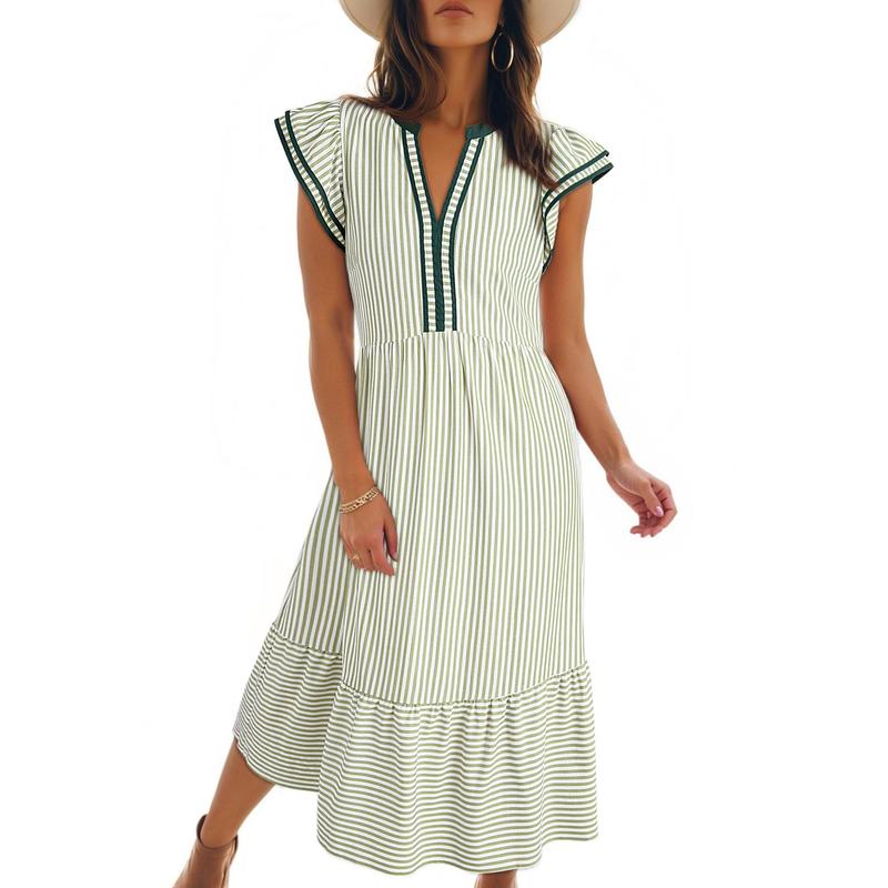 Womens Dresses 2026 Summer V-Neck Ruffle Cap Sleeve Empire Waist Flowy Striped Beach Midi Maxi Dress(buy 2 free shipping)