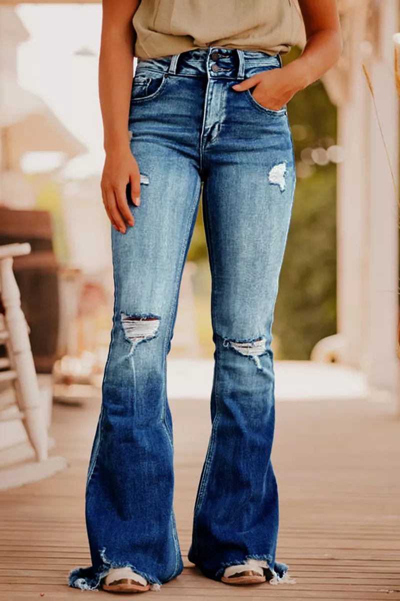 Midiross Stone Wash Ripped Knee Raw Hem Flare Jeans