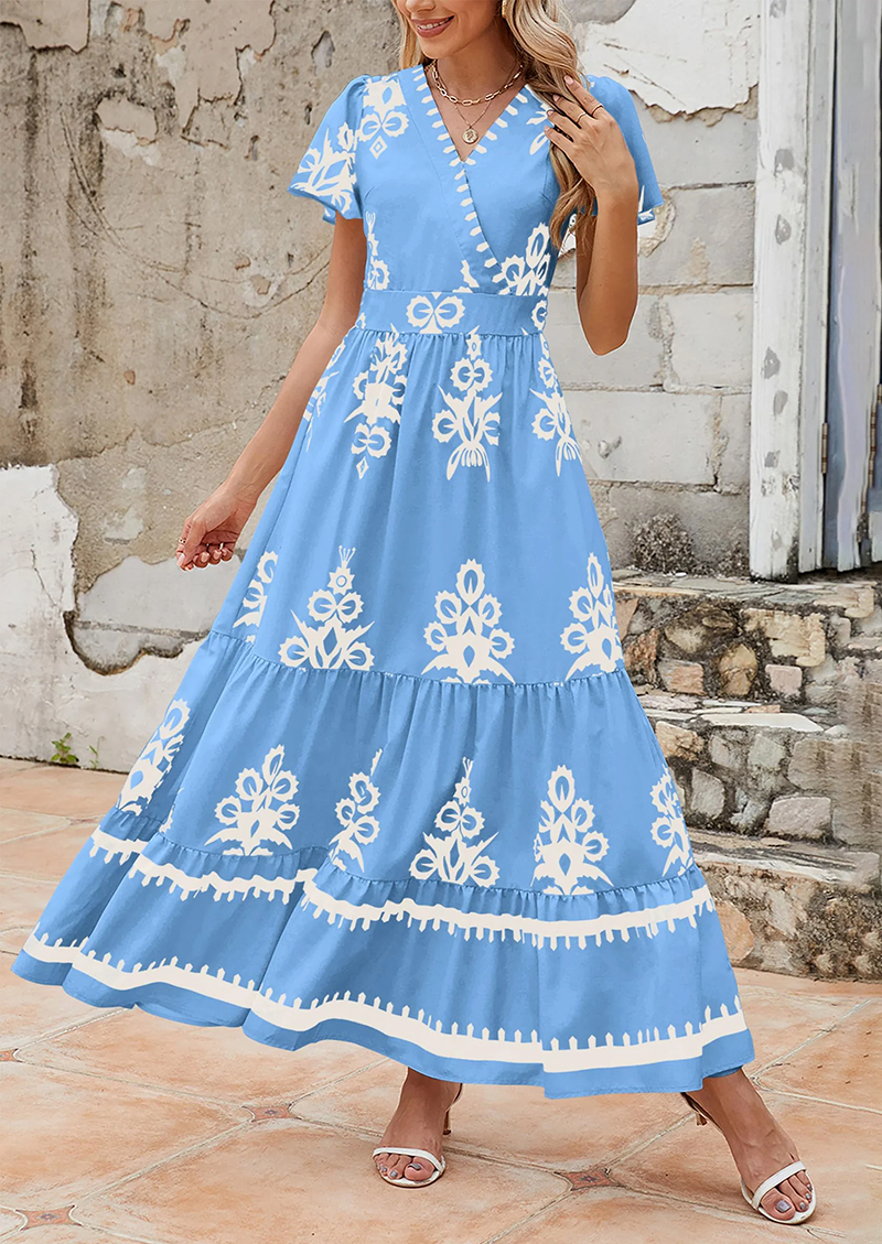 Womens Casual V Neck Boho Maxi Dress Flowy Aline Bell Sleeve Tiered Floral Dresses with Pocket(BUY 2 FREE SHIPPING)